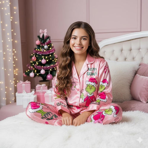 Lunariqwear™ Pink Grinch Satin Pajama Set