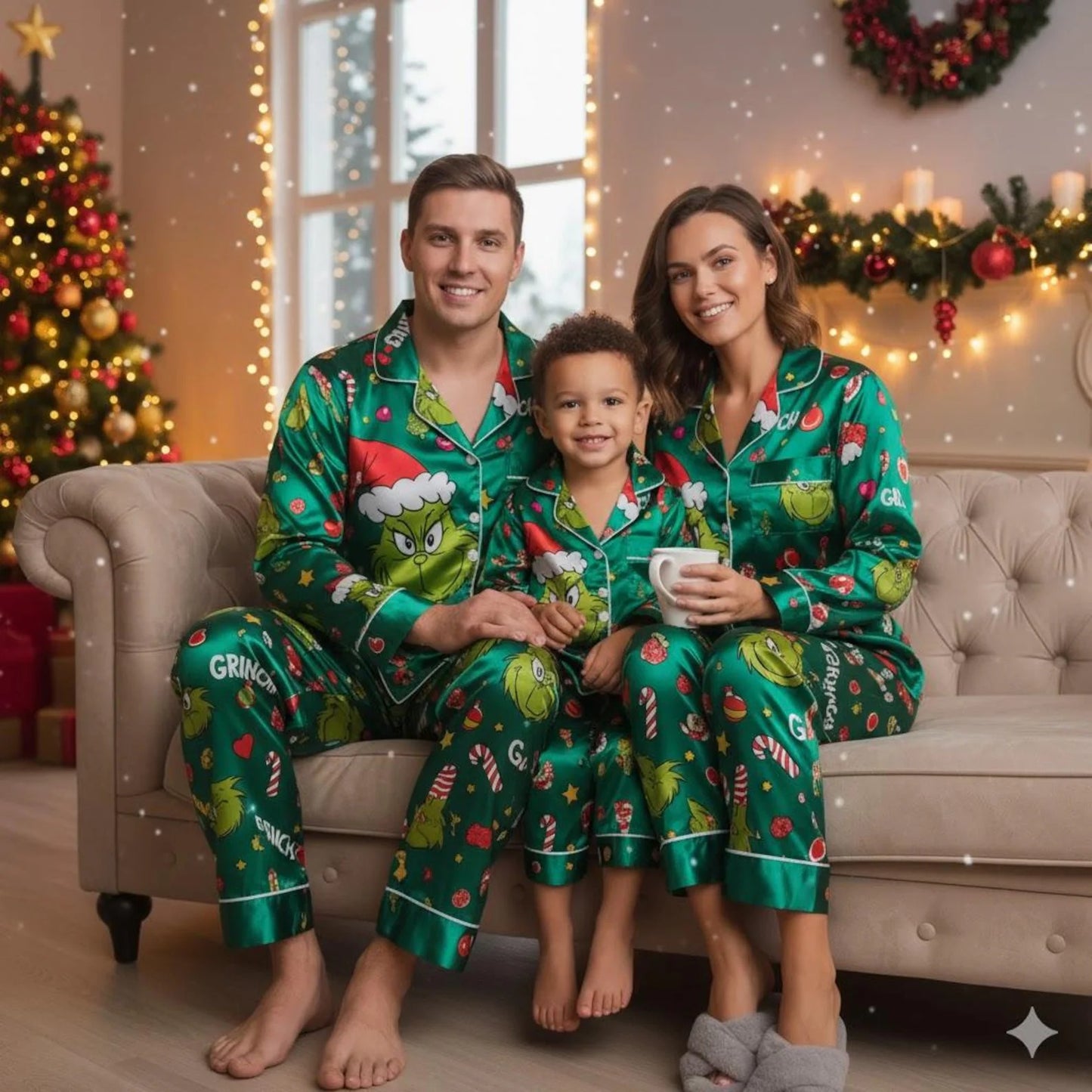 Lunariqwear™ Green Grinch Satin Pajamas Set