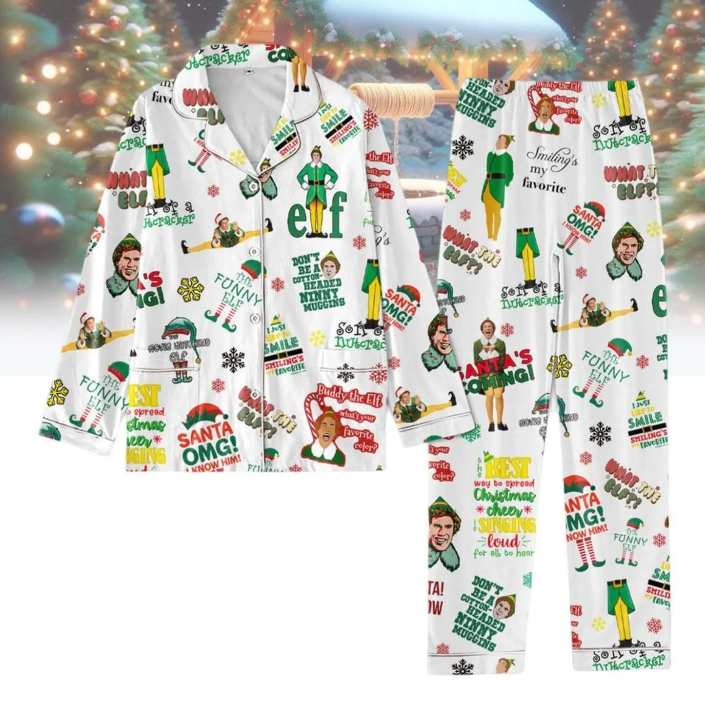Lunariqwear™ Christmas Elf Movie Button Pajamas Set