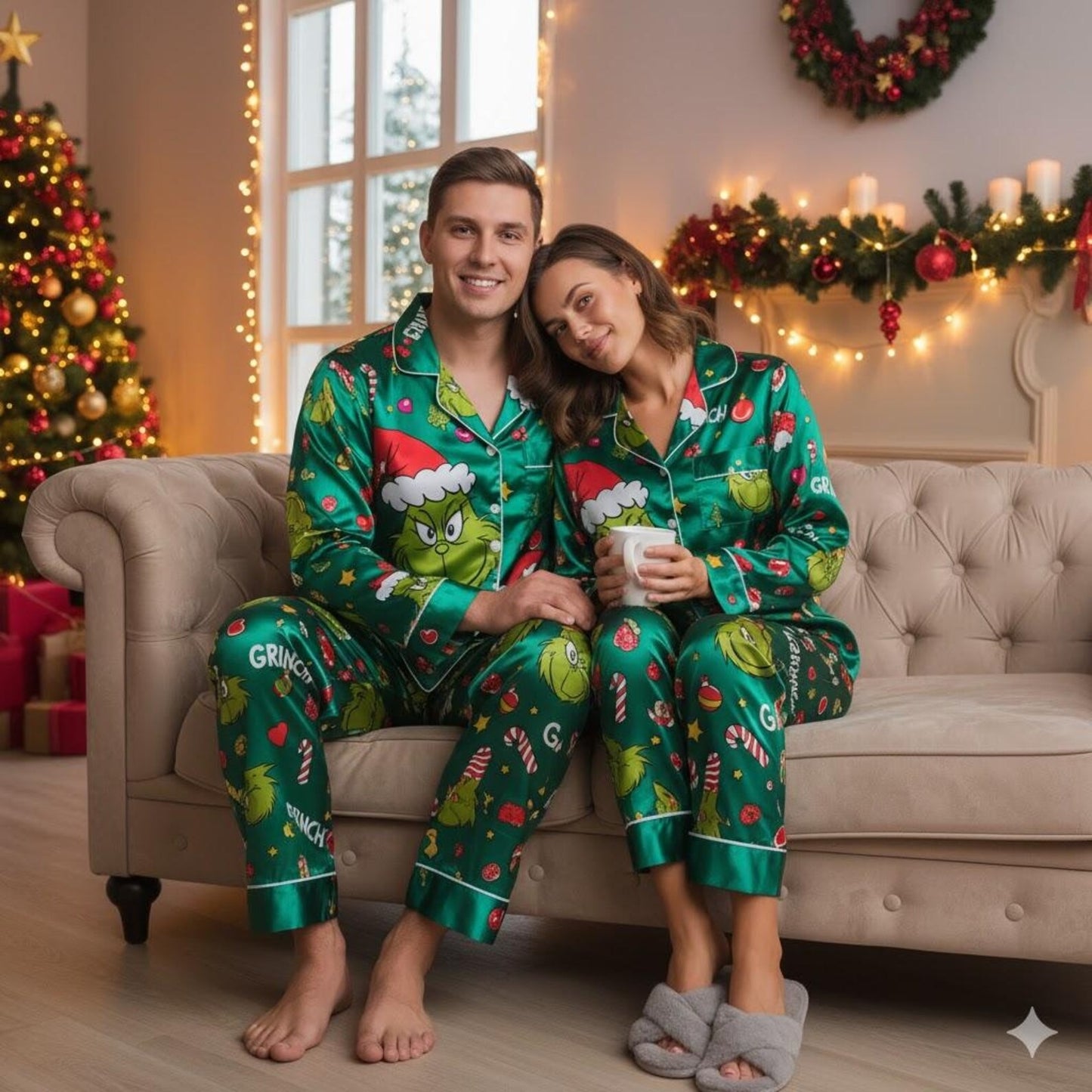 Lunariqwear™ Green Grinch Satin Pajamas Set